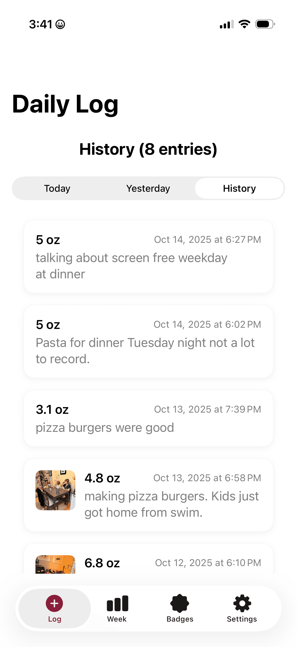 Daily log screenshot